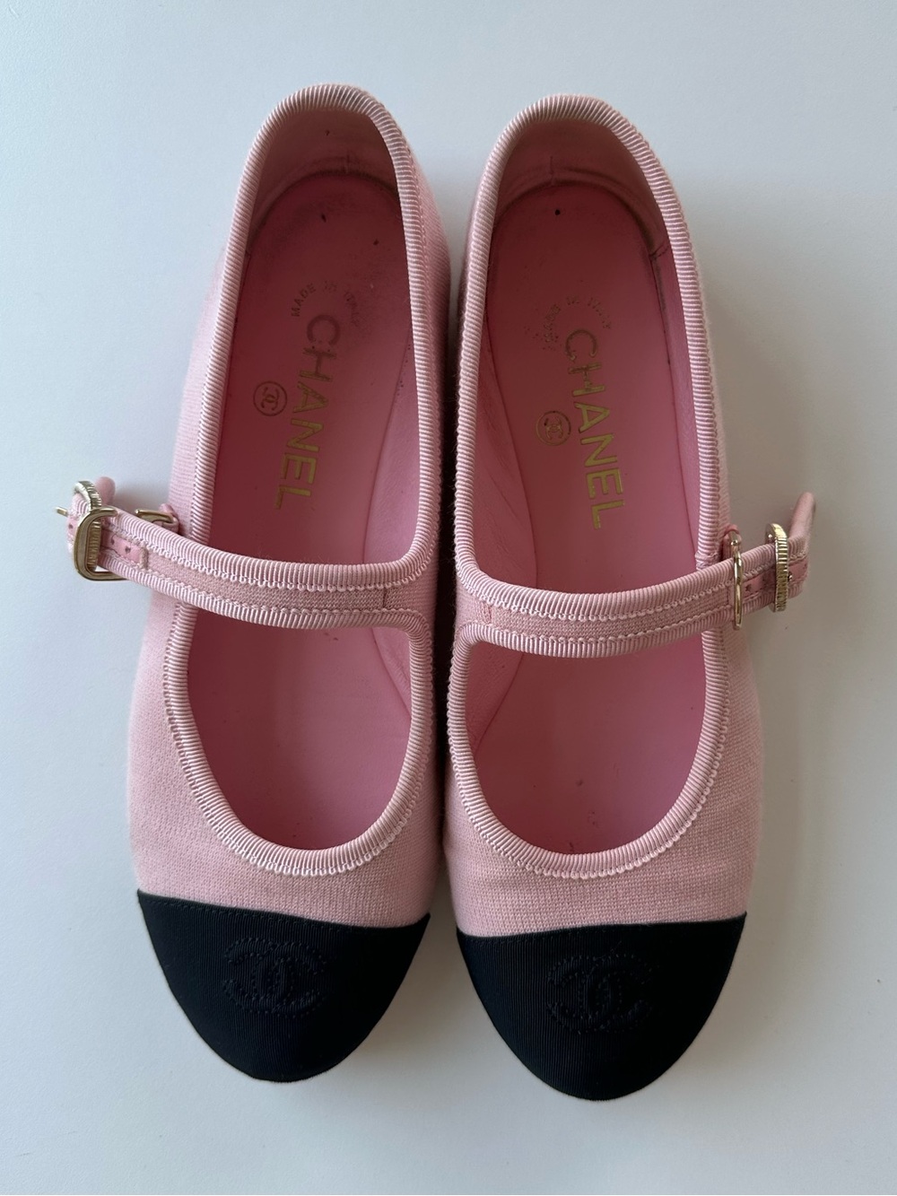 CHANEL Pink and Black Kids Mary Jane Flats with Gold Buckle